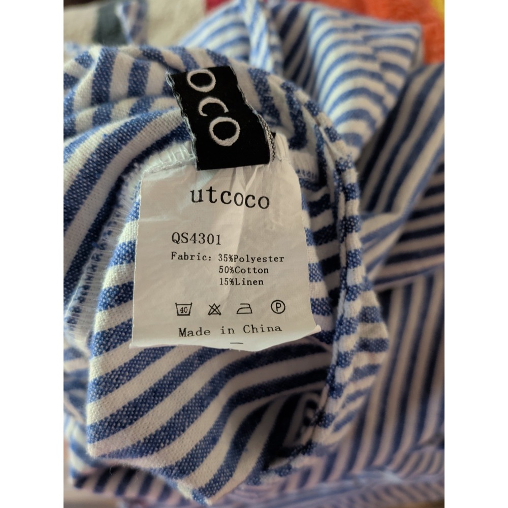 Utcoco Linen Overalls Womens Medium Blue Striped Casual Boho - Picture 8 of 8